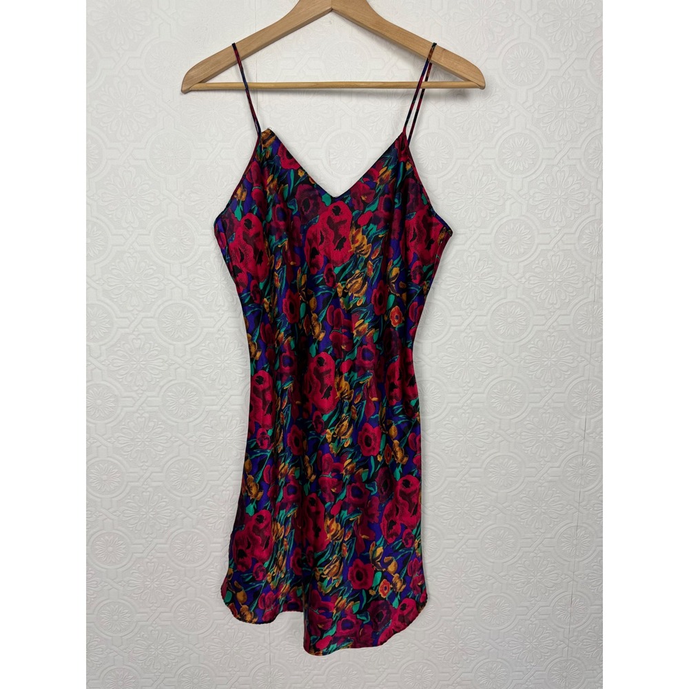 Vintage Sedu Floral Slip Dress Multi-Color Satin Mini V-Neck Spaghetti Strap 90s